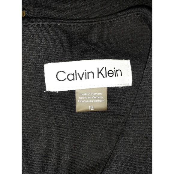 CALVIN KLEIN Size 12 Shift Dress Black Short Sleeve Gold Zipper Pockets Stretch - Picture 4 of 4